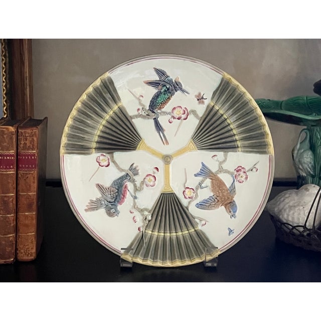 Antique majolica bird and fan plate set made in England by Wedgwood in the 1870's. The English export mark is impressed on...