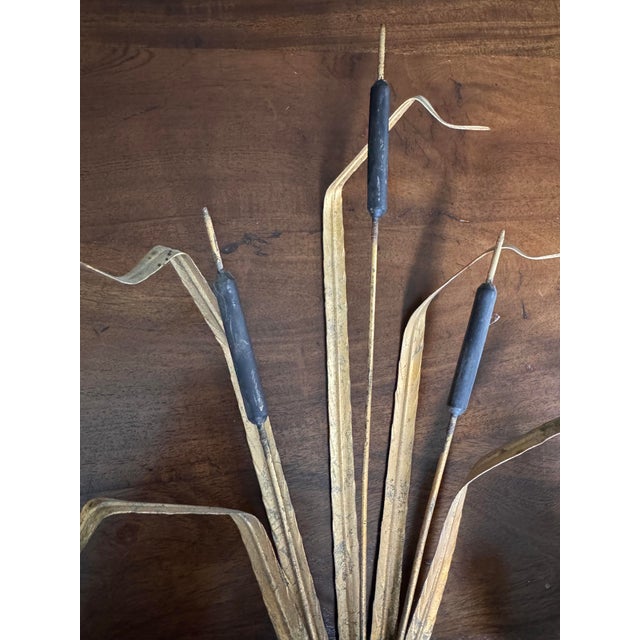 Metal 1950s Hollywood Regency Gilt Cattail Sconces, Pair For Sale - Image 7 of 7