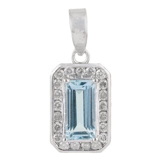 Baguette Cut 1.7 Ct Aquamarine & Diamond Halo Pendant Charm in 925 Sterling Silver For Sale