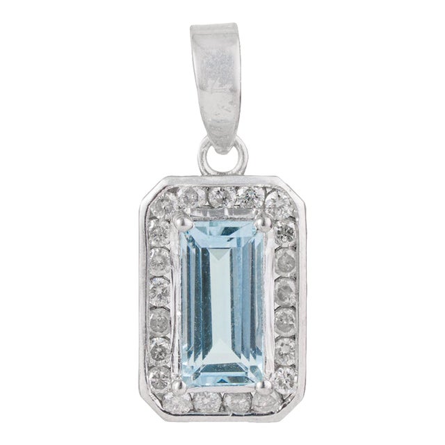 Baguette Cut 1.7 Ct Aquamarine & Diamond Halo Pendant Charm in 925 Sterling Silver For Sale
