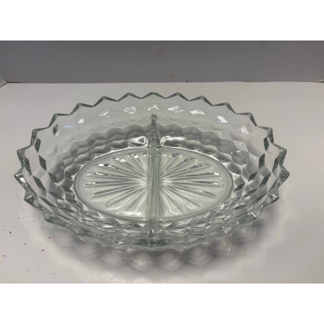 Mid 20th Century Vintage Clear Pressed Glass Divided Relish Dishes With Scalloped Rim | Mid-Century Oval Serving Trays - a Pair For Sale - Image 5 of 6