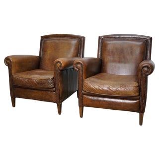 Vintage Dutch Cognac Leather Club Chairs, Set of 2 For Sale