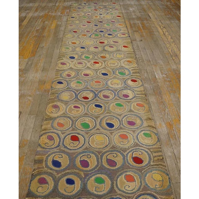 Antique American Hooked Rug, Size: 2' 6'' x 12' 9''. Antique American Hooked Rug Hallway Runner Wool Beige, Multicolor,...