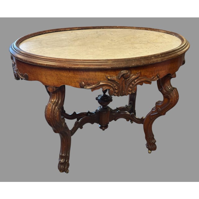 Antique Victorian Oval Inset Walnut Marble Top Parlor Center Table Stand For Sale - Image 11 of 12
