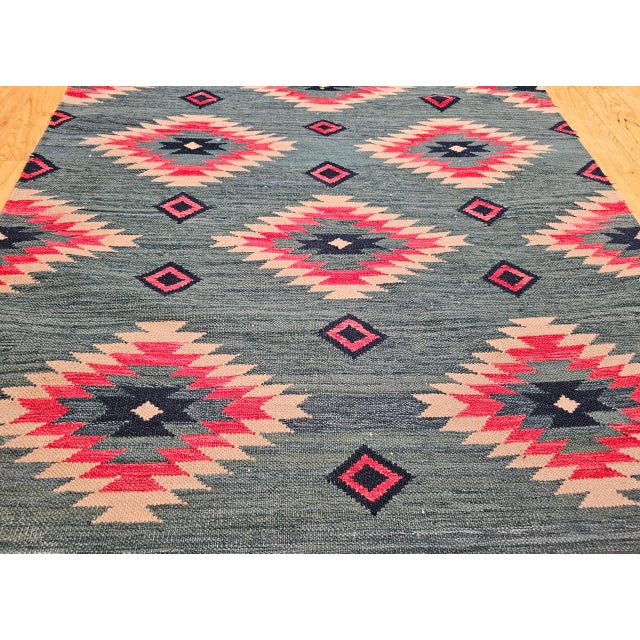 Teal Vintage Southwestern Kilim Rug, Flat-Woven Wool, Geometric Pattern, Green & Red, 4x5 For Sale - Image 8 of 13