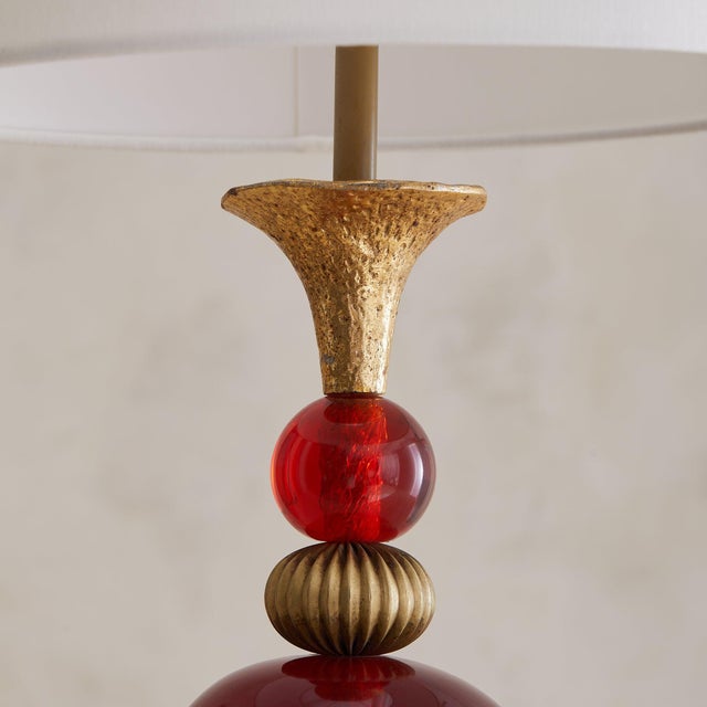 1970s 1970s Italian Oxblood Glass + Gilt Metal Table Lamp For Sale - Image 5 of 10