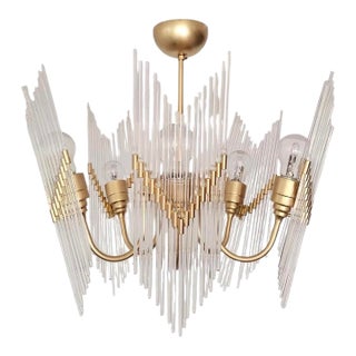 Rare 1970s Brass & Glass Rod Chandelier | 5-Light Vintage Fixture | Restored Mid Century Lighting For Sale