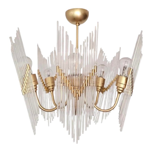 Rare 1970s Brass & Glass Rod Chandelier | 5-Light Vintage Fixture | Restored Mid Century Lighting For Sale