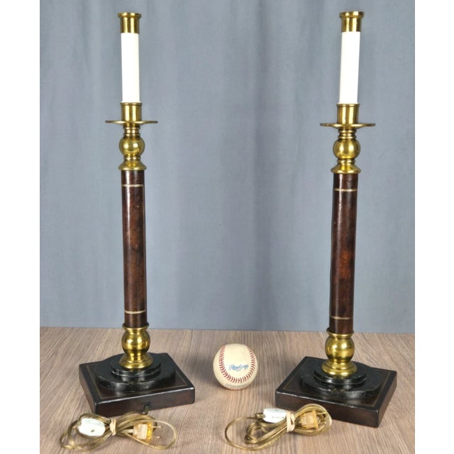 Maitland - Smith 1990s Brass Marble Leather Wrapped Candlestick Table Lamps, Maitland Smith Style - a Pair For Sale - Image 4 of 16