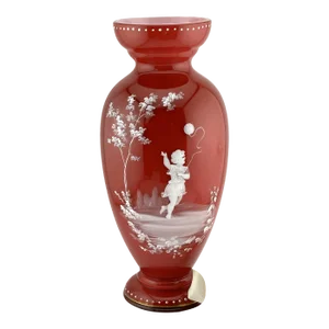 Mary Gregory Red Cased Glass Vase – White Enamel Child With Balloon Victorian Scene