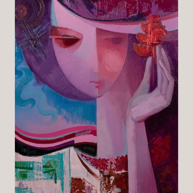 Painting 1 (613.5 cm x 54 cm (white frame): This vibrant oil on canvas from 1973 presents a stylised female figure in a...