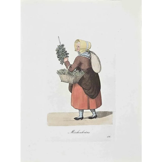 Hand-colored etching by Christoph Suhr in 1808. Belongs to the series "Der Ausruf in Hamburg dargestellt in einhundert und...