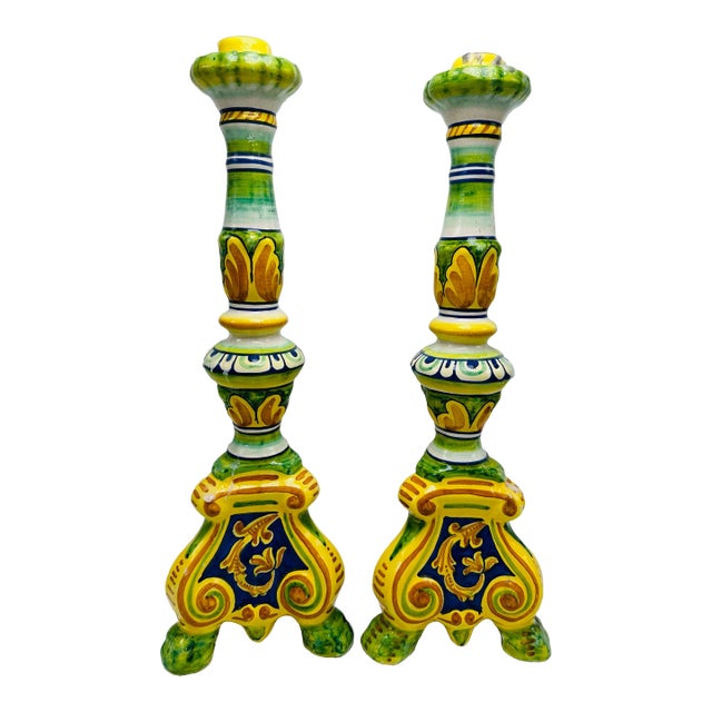 Hand Painted Italian Candlesticks, a Pair For Sale