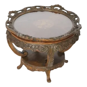 Early 20th Century Antique Carved Mahogany Tray Top Side Table W Floral Marquetry Inlay Center