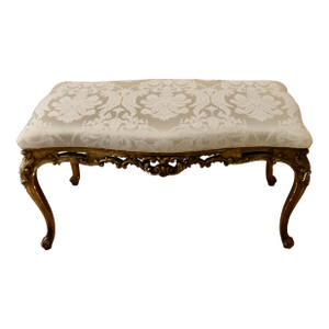 Antique Bench French Hand Carved Gold Leaf Giltwood Ivory Silk Damask
