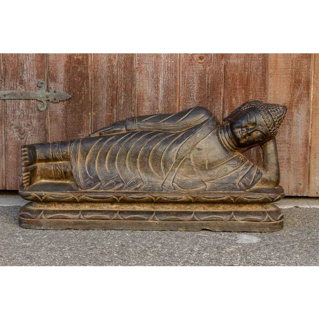 Asian Black Stone Asian Reclining Carved Buddha For Sale - Image 3 of 10