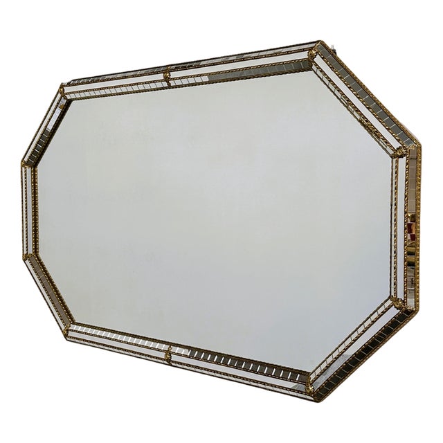 Large Spanish Hollywood Regency Octagonal Gilt Metal and Beveled Mosaic Wall Mirror For Sale