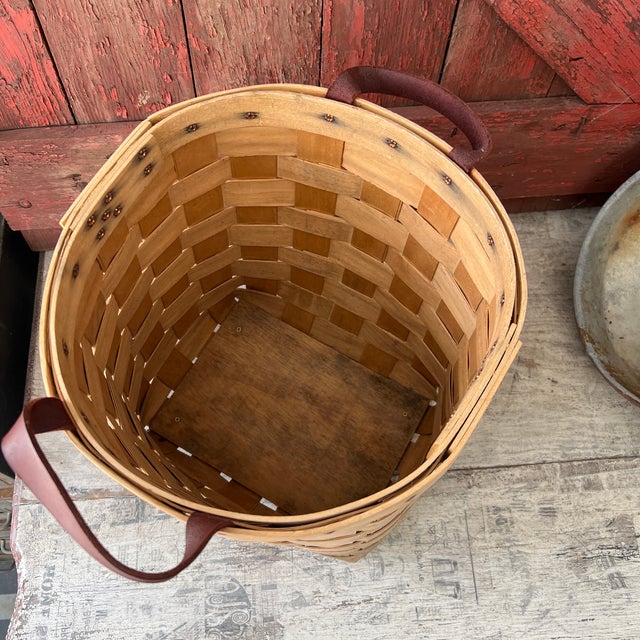 1990s Handcrafted Mountain Trails Basket With Leather Handle 15" High 13" Wide Vintage For Sale - Image 5 of 14