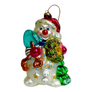 1980s Hollywood Regency Americana Christmas Glass Snowman Ornament, After Radko. For Sale