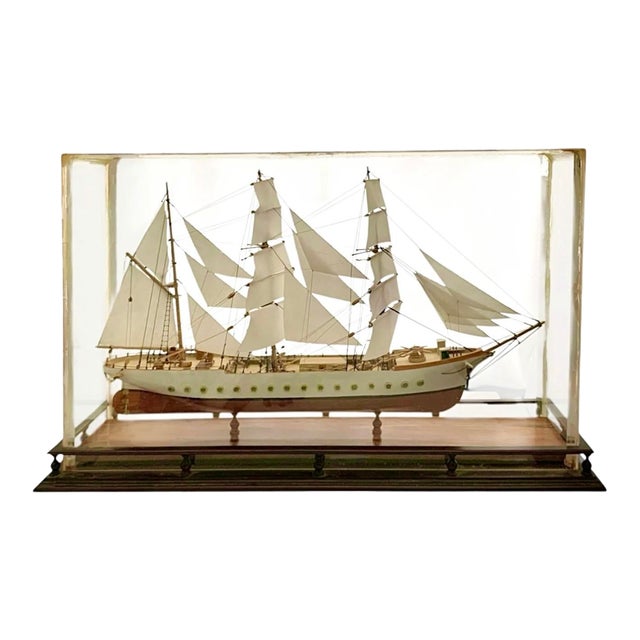 Late 20th Century Ship Model in Glass and Wood Display Case Vintage Classic Nautical Maritime Decor For Sale