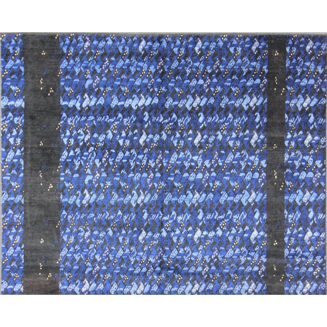 Measures: 10'2 x 13'9. Midnight blue and other shades of blue Contemporary Scandinavian design large rug with soft wool,...