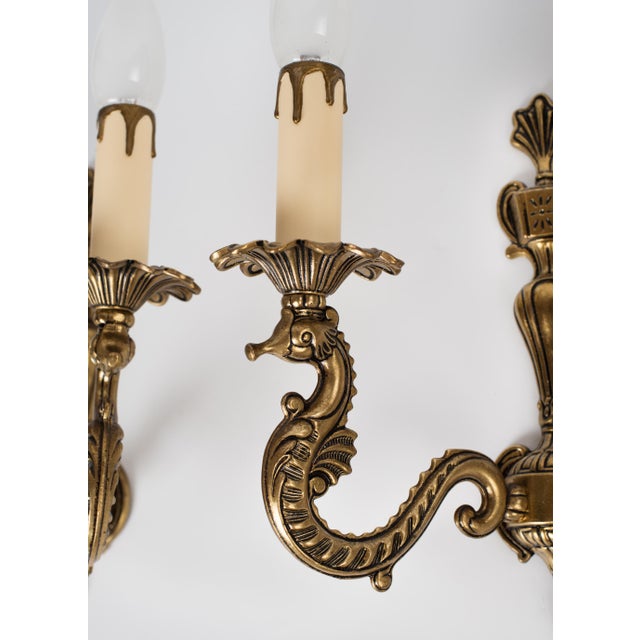 Baroque 1960s Spanish French Neoclassical Cast Brass 2-Light Sea Horse Wall Sconces - A Pair For Sale - Image 3 of 9
