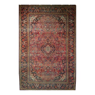 Vintage Persian Kashan Rug, Hand-Knotted Wool & Cotton, Floral Pattern, Red & Navy, 4x6 For Sale