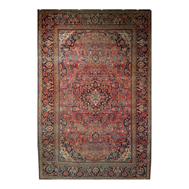 Vintage Persian Kashan Rug, Hand-Knotted Wool & Cotton, Floral Pattern, Red & Navy, 4x6 For Sale