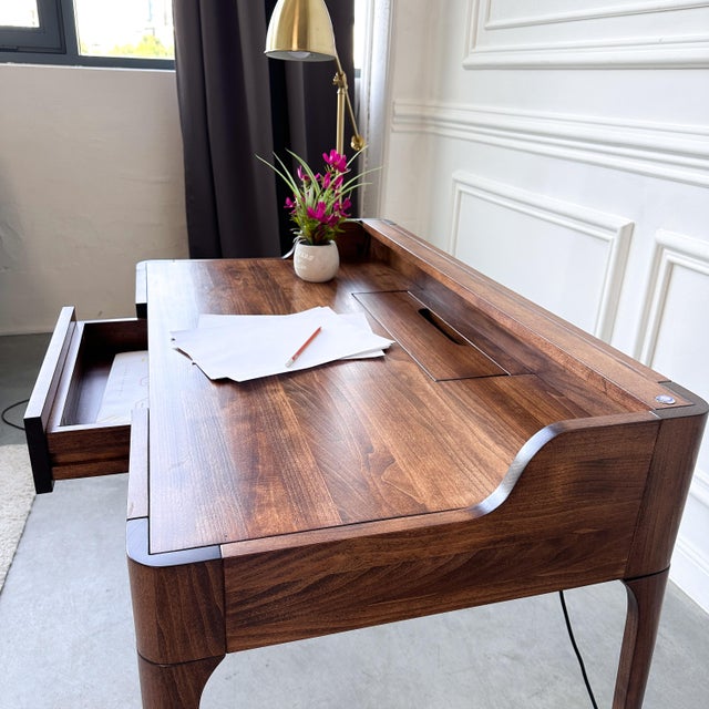 Mid-Century Modern Handcrafted Mid-Century Modern Walnut Writing Desk With Led Lighting, Drawer, and Built-in Cable Management For Sale - Image 3 of 18