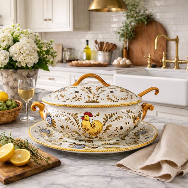 Bring a touch of rustic Italian charm to the table with this vintage hand-painted majolica soup tureen, complete with...