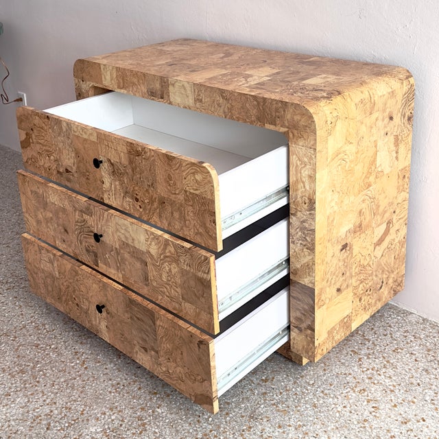 Postmodern Three-Drawer Waterfall Dresser With Faux Burlwood Laminate Veneer For Sale - Image 10 of 15