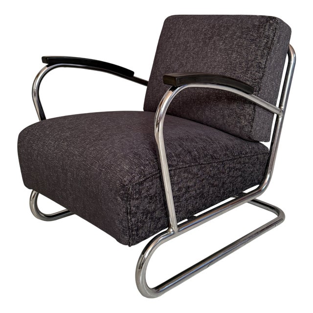 Vintage Tubular Steel Cantilever Armchair in Black Upholstery, 1930s For Sale