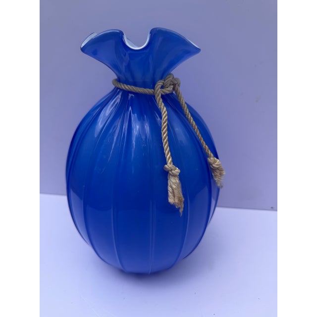 Mid-Century Modern Large Vintage Hand-Blown 8" Blue Glass Opaline Money Bag Vase For Sale - Image 3 of 12