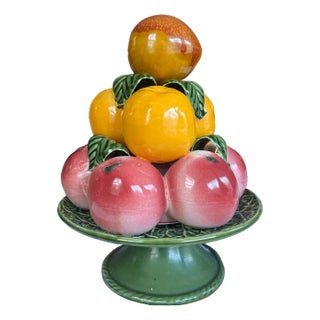 Vintage Ceramic Majolica Fruit Topiary on Pedestal With Peaches, Apples, and Citrus – Made in Portugal For Sale