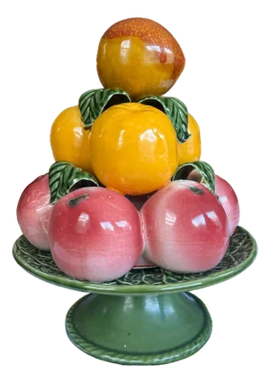 Vintage Ceramic Majolica Fruit Topiary on Pedestal With Peaches, Apples, and Citrus – Made in Portugal