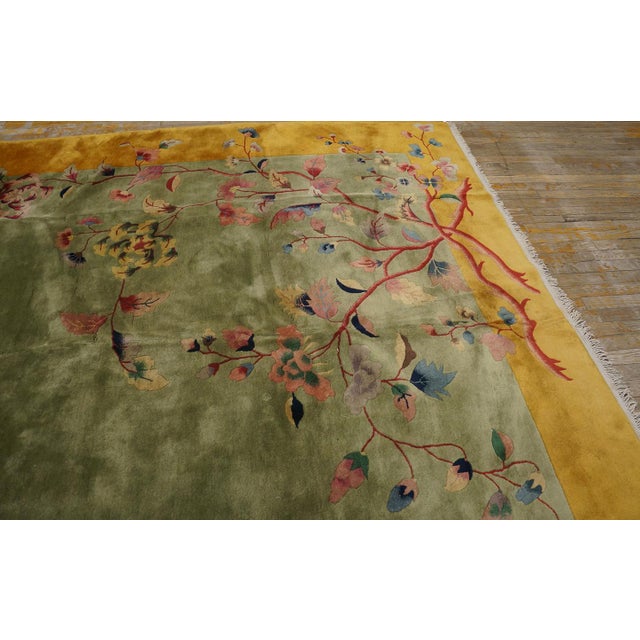 Textile Calming Green Background Wiht Soft Spray Florid Color Antique Chinese Art Deco Rug by Nichols Workshop For Sale - Image 7 of 12