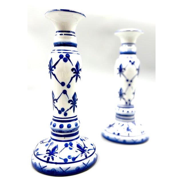 Vintage French Fleur-De-Lis Blue & White Porcelain Candlesticks - A Pair For Sale In Houston - Image 6 of 8