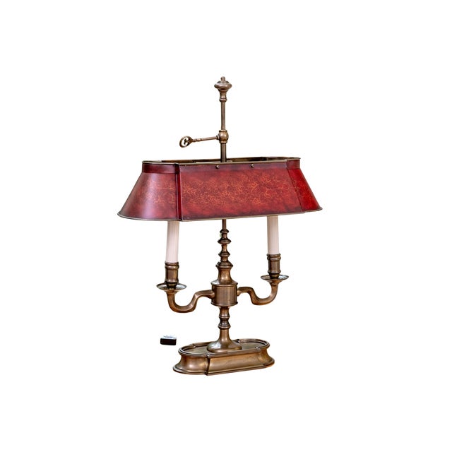 French Vintage Brass Bouillotte Library Desk Lamp With Oxblood Red Crackle Tole Shade, 2005 For Sale - Image 3 of 9