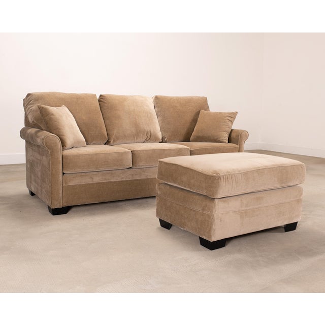 Contemporary Three Seat Rolled-Arm Sofa and Ottoman in Camel Velvet Us Made For Sale - Image 3 of 18