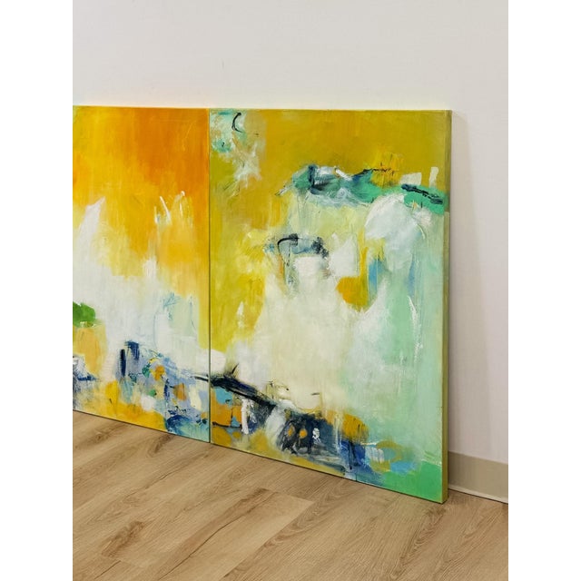 Set of 3 Modern Abstract Paintings Yellow Green Blue Wall Art Acrylic on Canvas For Sale - Image 10 of 16