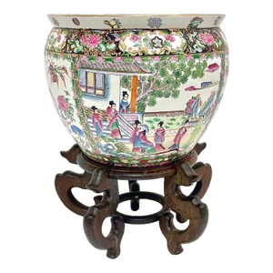 Vintage Floral & Scenic Chinese Fishbowl W/Stand