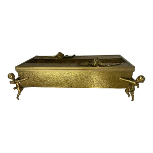 Mid 20th Century Rococo Cherub Putti Gold Embossed Floral Box Hinged