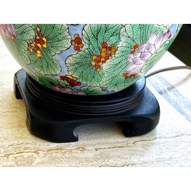Mid 20th Century Mid 20th Century Green Asian Lotus Lamp With Jute Lamp Shade For Sale - Image 5 of 10