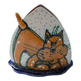 Vintage Signed "Kálmánia" Hand-Painted Ceramic Cat Napkin Holder – Whimsical Folk Art For Sale