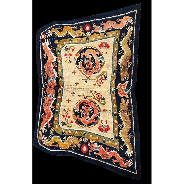Chinese 1930s Antique Dragon Medallion Design Ivory Chinese Horse Saddle Cover Wool Rug For Sale - Image 3 of 7