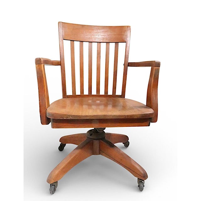 Antique Bank of England Jury Style Adjustable Swivel Oak Desk Chair C. 1920/40's For Sale In New York - Image 6 of 7