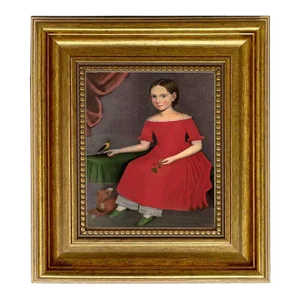 "Girl With Dog and Bird" Contemporary Reproduction Print on Canvas, Framed