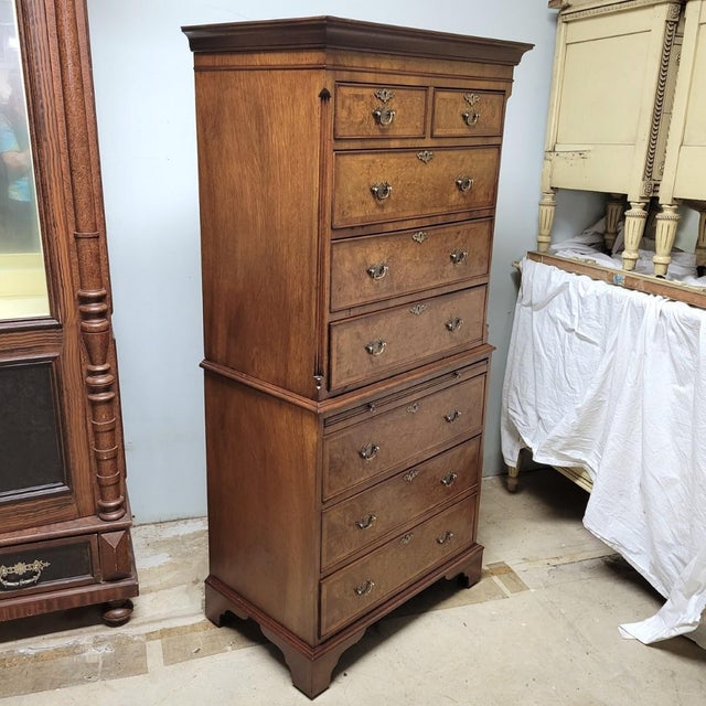 English Georgian Revival Burl Elm Wood Tall Chest With Slide, C. 1900–1920 For Sale - Image 4 of 13