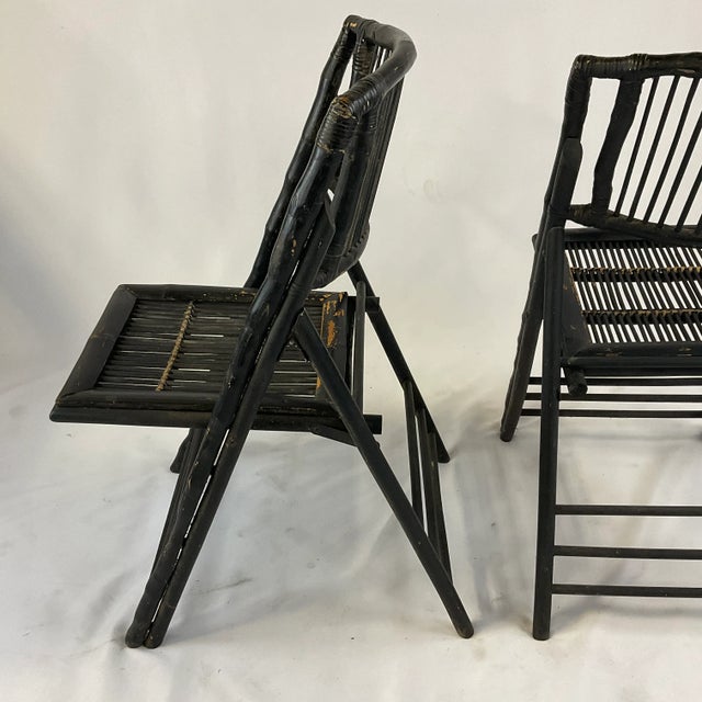 Vintage Chinoiserie Black Painted Bamboo & Wood Folding Chairs - A Pair For Sale - Image 4 of 11