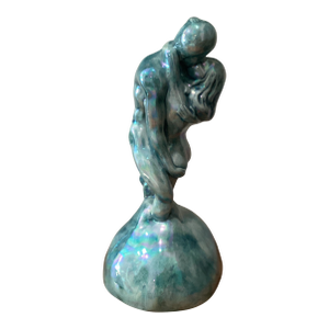 Vintage Art Deco Inspired Ceramic Iridescent Glazed Sculpture" Embracing Couple" Signed Dated